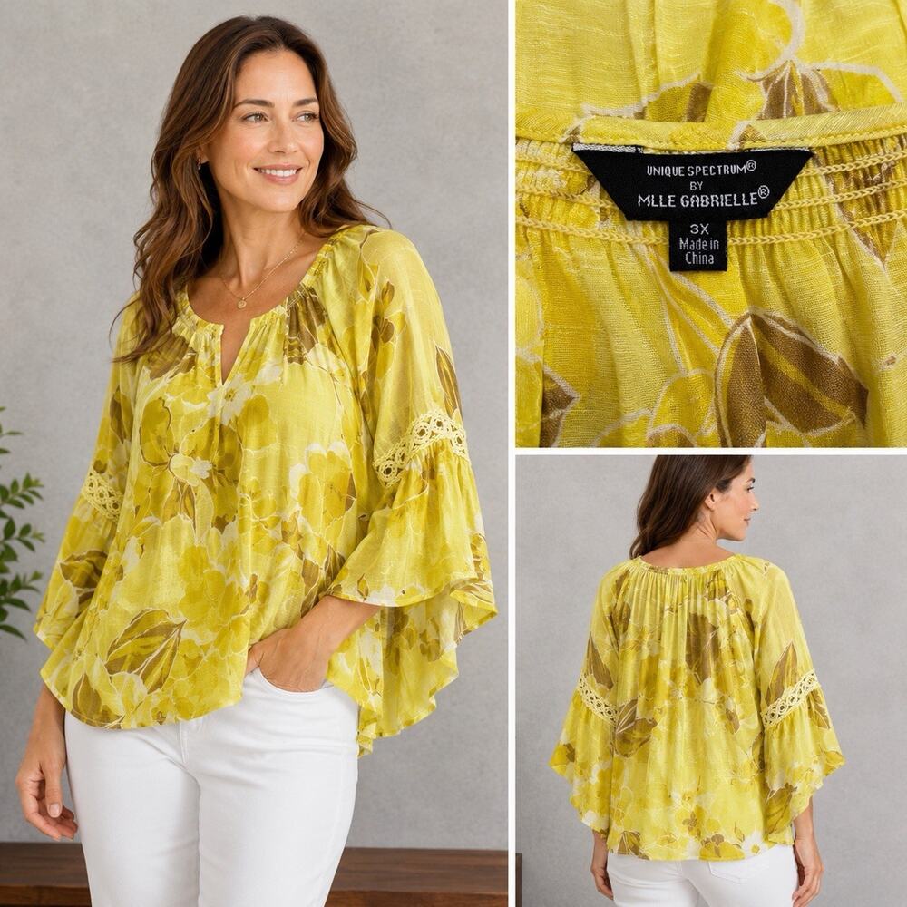 NWT Unique Spectrum By Mlle Gabrielle 3X Yellow Floral Boho Bell Sleeve Blouse
